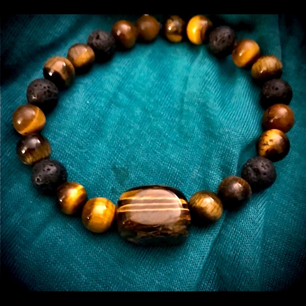 Gold Tiger’s Eye Genuine Semi-precious Gemstone Bracelet w/ volcanic lava beads